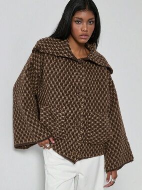 Zara Brown Patterned Wool-Blend Pea Coat